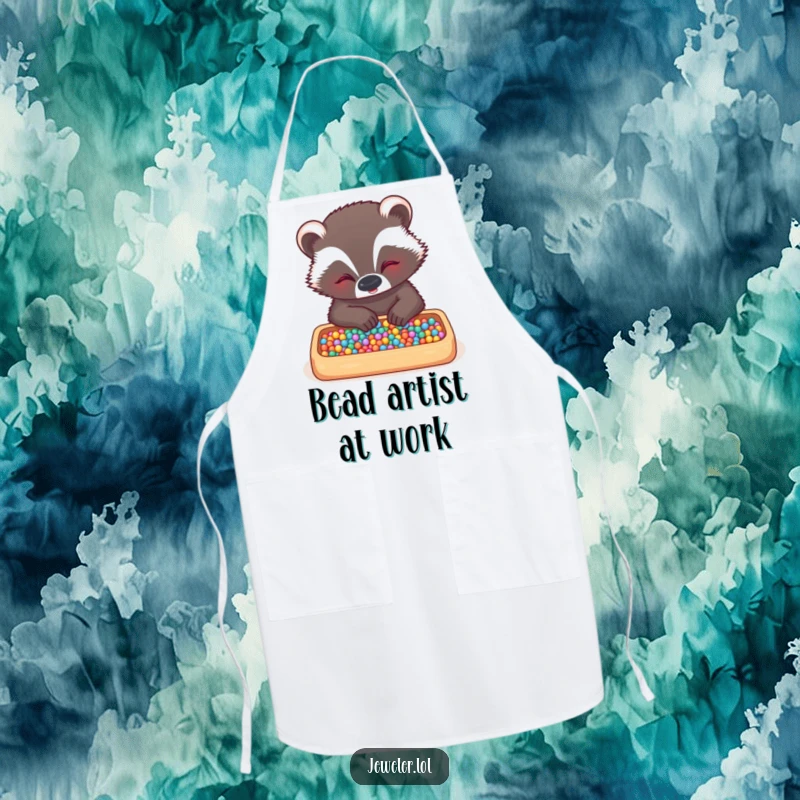 Funny badger apron with a giggling badger wearing a tiny chef hat, arranging tiny beads in a tray, ready to whip up delicious dishes.