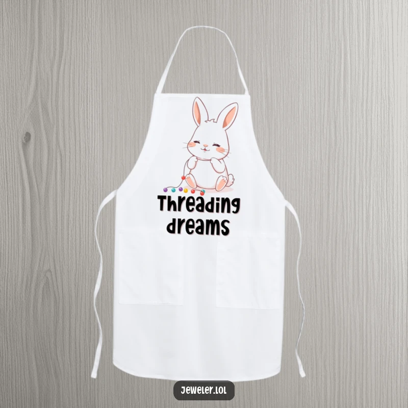 Funny Apron showing a playful rabbit carefully stringing tiny beads onto a thread, perfect for a humorous crafting experience.