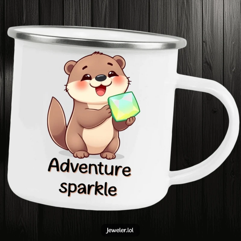 Funny Camping Mug featuring a cheerful otter holding a sparkling gemstone with delight, perfect for outdoor humor.