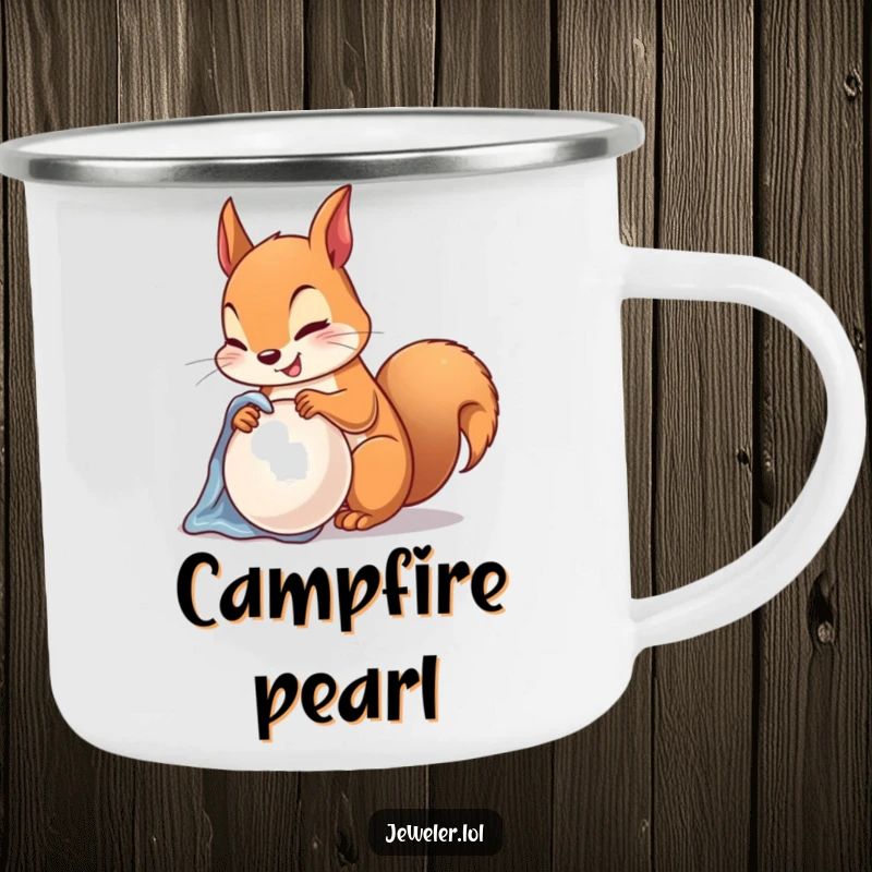Funny Camping Mug featuring a happy squirrel polishing a lustrous pearl with a soft cloth, perfect for elegant outdoor humor.
