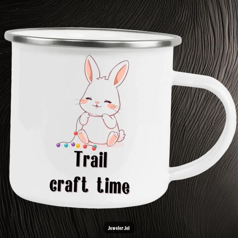 Funny Camping Mug featuring a playful rabbit carefully stringing tiny beads onto a thread, perfect for outdoor crafting.