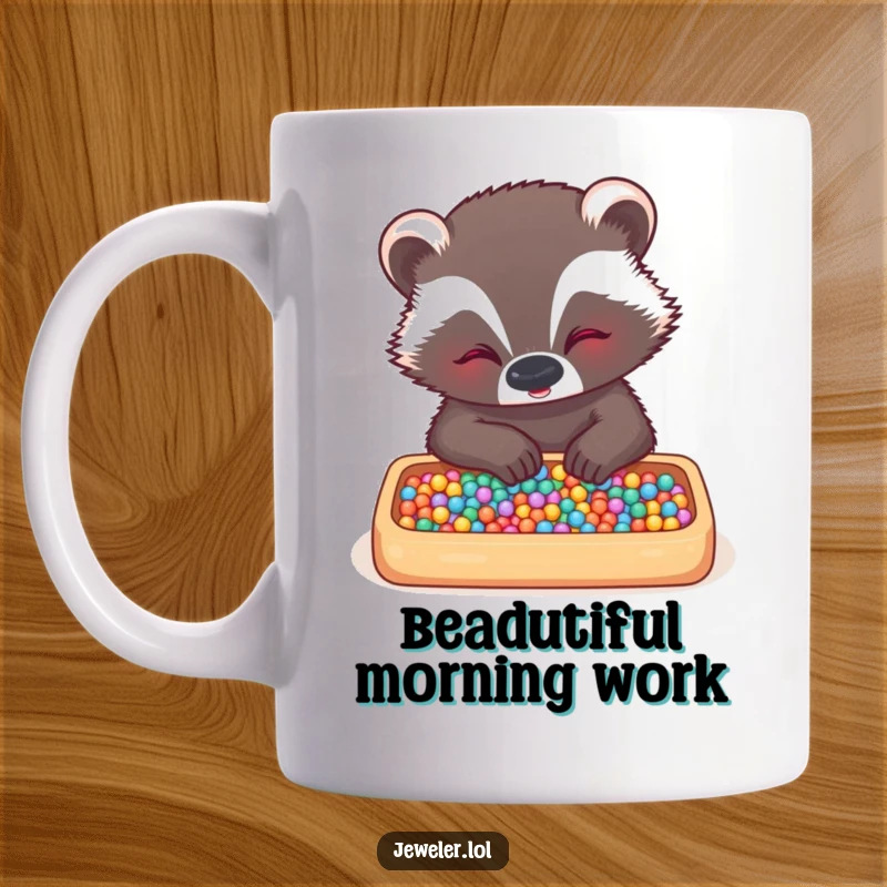 Funny badger mug featuring a giggling badger meticulously arranging tiny colorful beads in a tray, showcasing its artistic concentration and joy.