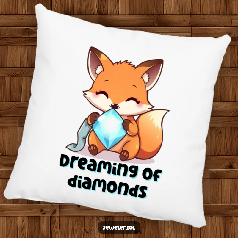 Funny fox polishing a sparkling gem, featured on a soft pillow, adding a touch of whimsical humor.