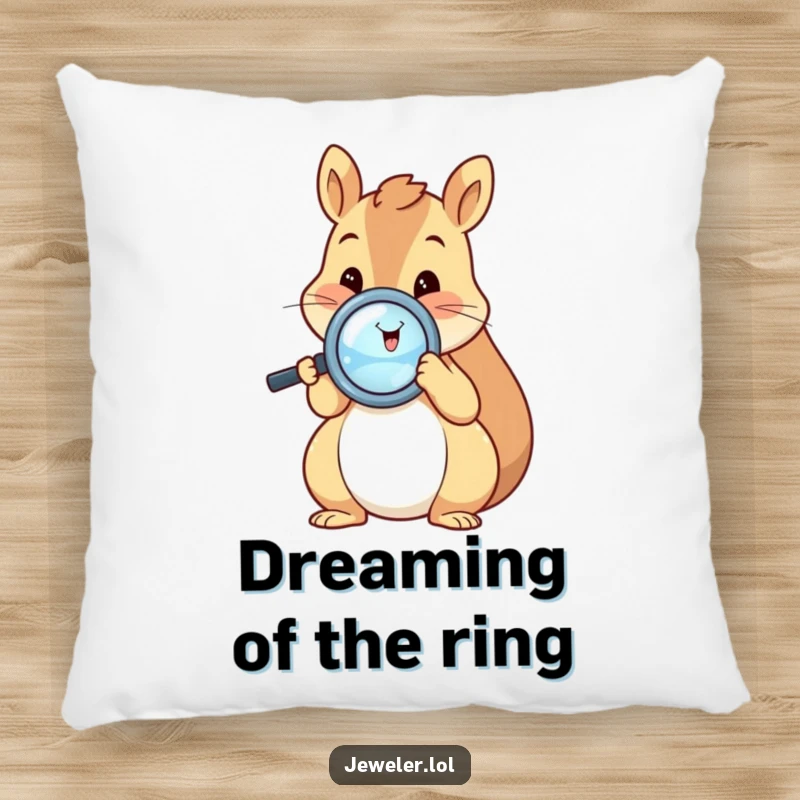 Funny squirrel pillow showing a happy squirrel examining a shiny ring with a magnifying glass, adding a whimsical and humorous touch to any room.