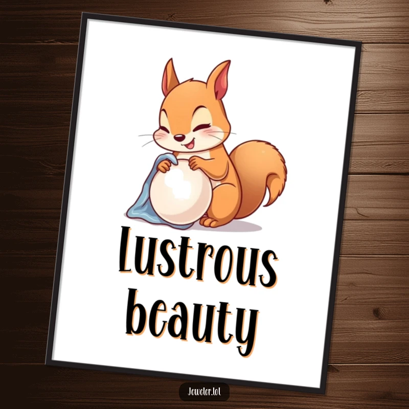 Funny Digital Art Print of a happy squirrel polishing a lustrous pearl with a soft cloth, perfect for elegant humorous decor.