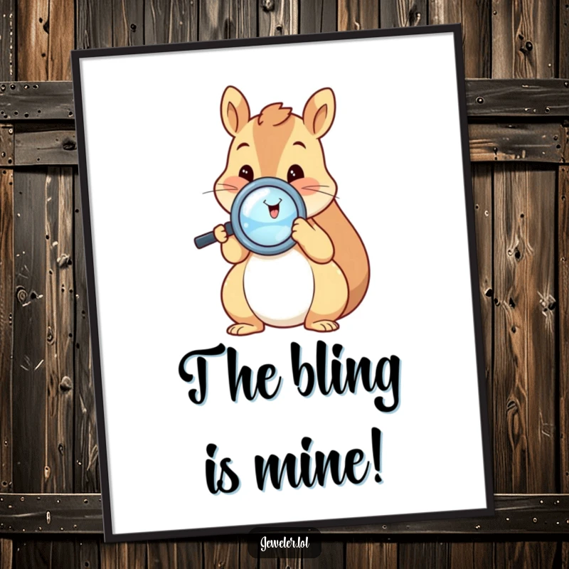 Funny squirrel digital art print of a happy squirrel using a magnifying glass to inspect a shiny ring, ideal for adding whimsical decor and humor.