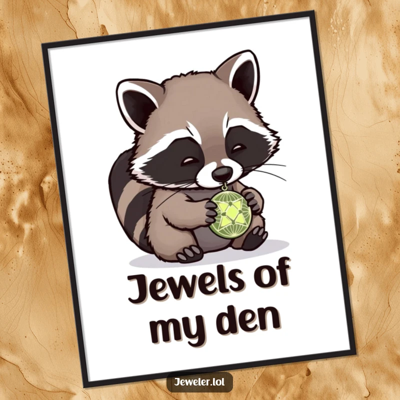 Funny raccoon digital art print of a playful raccoon meticulously examining a tiny, intricate pendant, ideal for adding whimsical decor and humor.