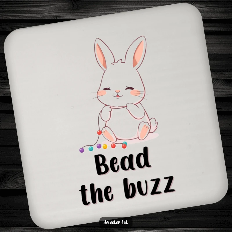 Funny Drink Coasters depicting a playful rabbit meticulously stringing tiny beads onto a thread, a decorative and humorous set.