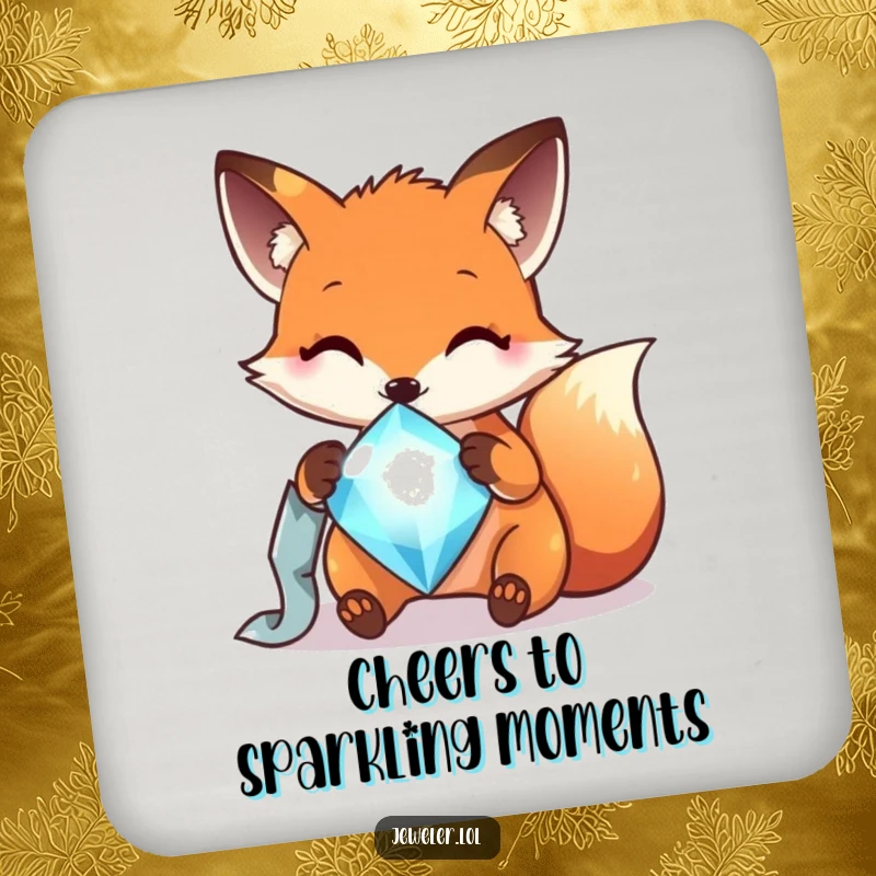 Funny cheerful fox polishing a sparkling gem, featured on a drink coaster, adding a touch of clever humor.