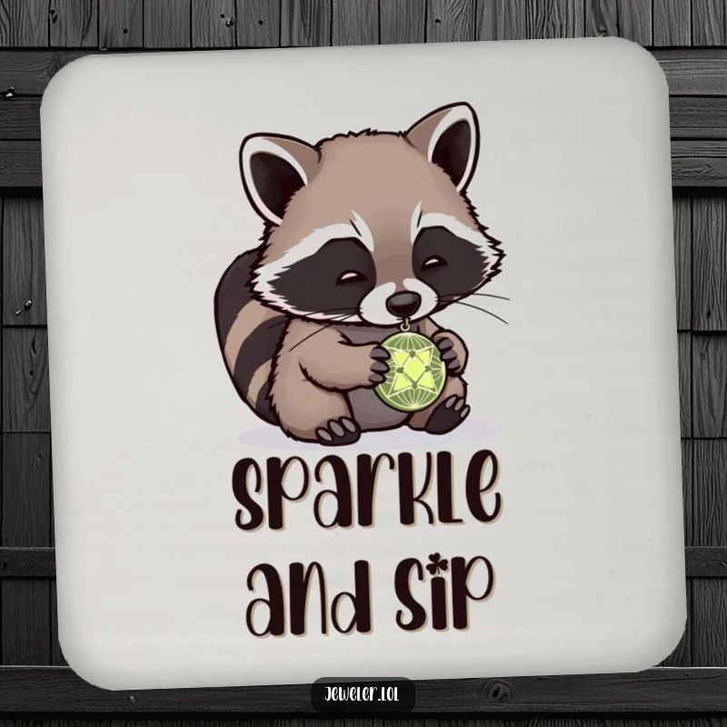 Funny raccoon coaster featuring a playful raccoon examining a tiny, intricate pendant, adding a touch of humor and sophistication to any table setting.
