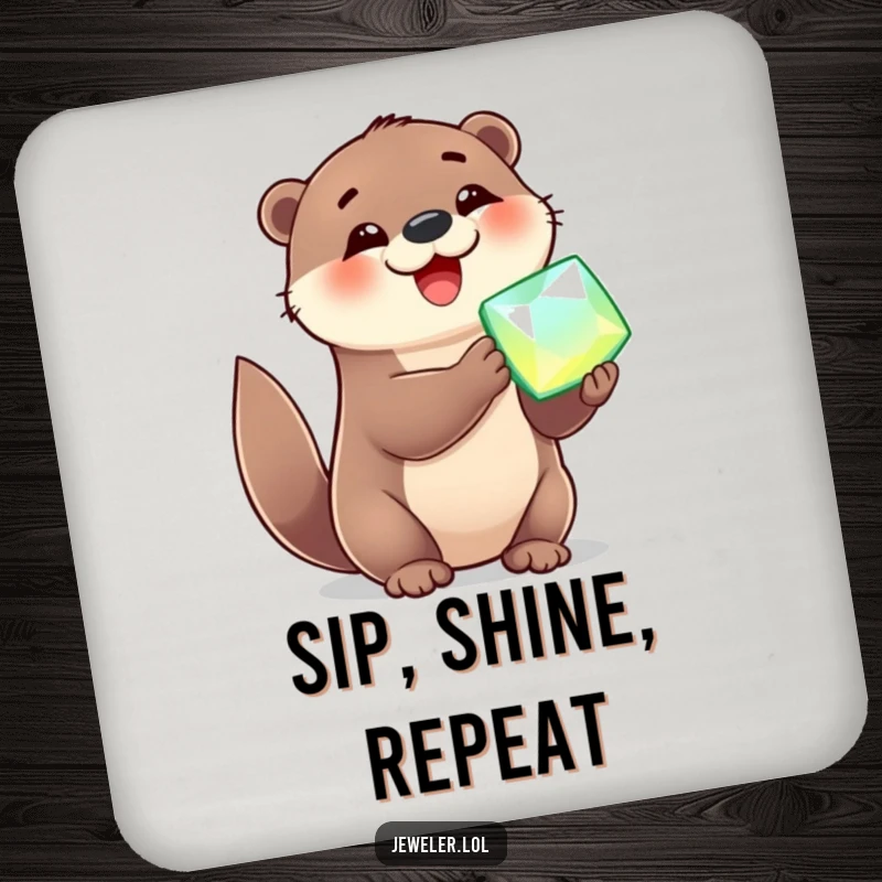 Funny Drink Coasters showing a cheerful otter’s delight over a sparkling gemstone, a humorous and protective accessory.
