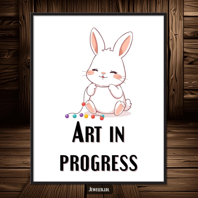 Funny Poster illustrating a playful rabbit carefully stringing tiny beads onto a thread, perfect for artistic and humorous decor.