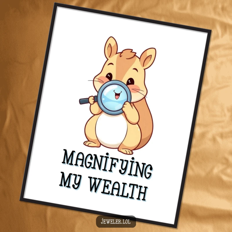 Funny squirrel poster featuring a happy squirrel intently inspecting a shiny ring with a magnifying glass, capturing a moment of focused delight and humor.
