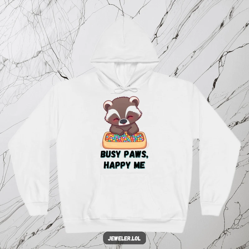 Funny badger hoodie showing a giggling badger focused on arranging tiny beads in a tray, radiating creativity and playful dedication.