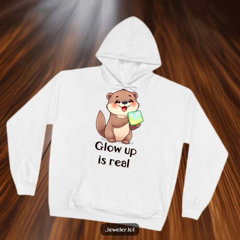 Funny Hoodie of a cheerful otter hugging a brilliant, sparkling gemstone with immense delight, making a cozy and humorous gift.