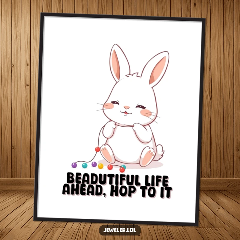 Funny free printable wall art of a focused rabbit diligently stringing small, colorful beads onto a delicate thread.