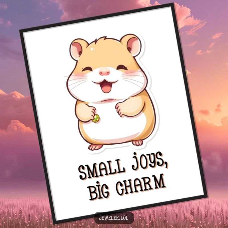 Funny free printable wall art of a contented hamster holding a small, gleaming bracelet with a sweet, happy expression.