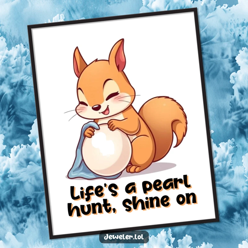Funny free printable wall art of a happy squirrel diligently polishing a large, lustrous pearl with a soft cloth.