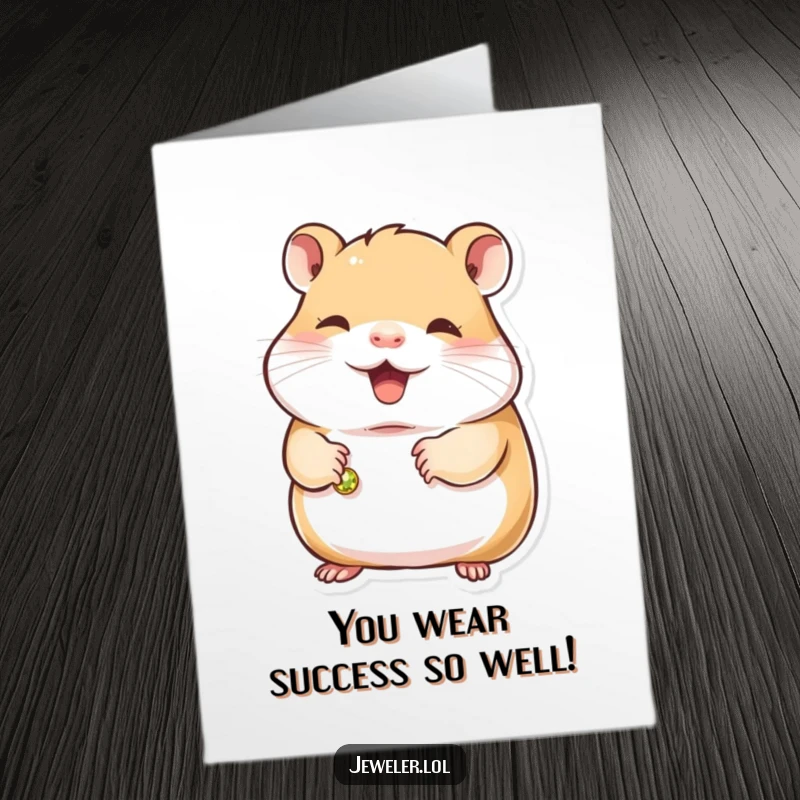 Funny free printable congratulations card with a contented hamster holding a small, gleaming bracelet, celebrating your triumphs.