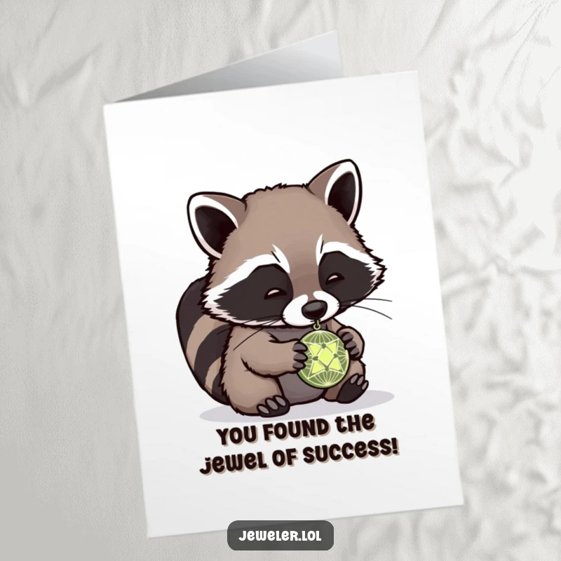 Funny free printable congratulations card with a playful raccoon examining a tiny pendant, celebrating your amazing achievements.
