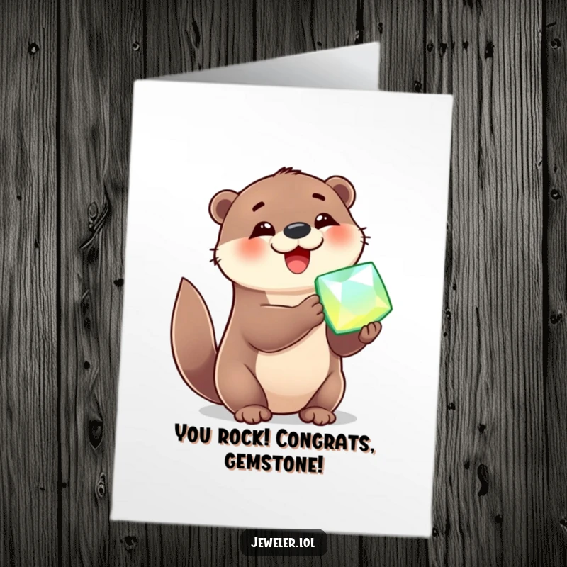 Funny free printable congratulations card showing a joyful otter proudly holding a sparkling gemstone, celebrating success.