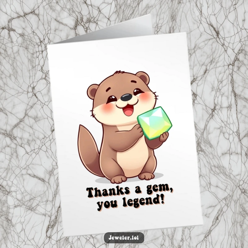 Funny free printable thank you card with a delighted otter presenting a shiny gemstone, expressing gratitude.
