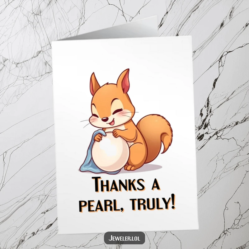 Funny free printable thank you card with a cheerful squirrel meticulously polishing a lustrous pearl, expressing thanks.