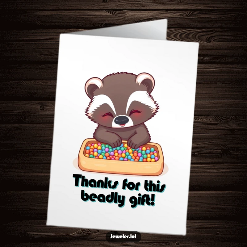 Funny free printable thank you card showing a giggling badger meticulously arranging tiny beads in a tray with precision.