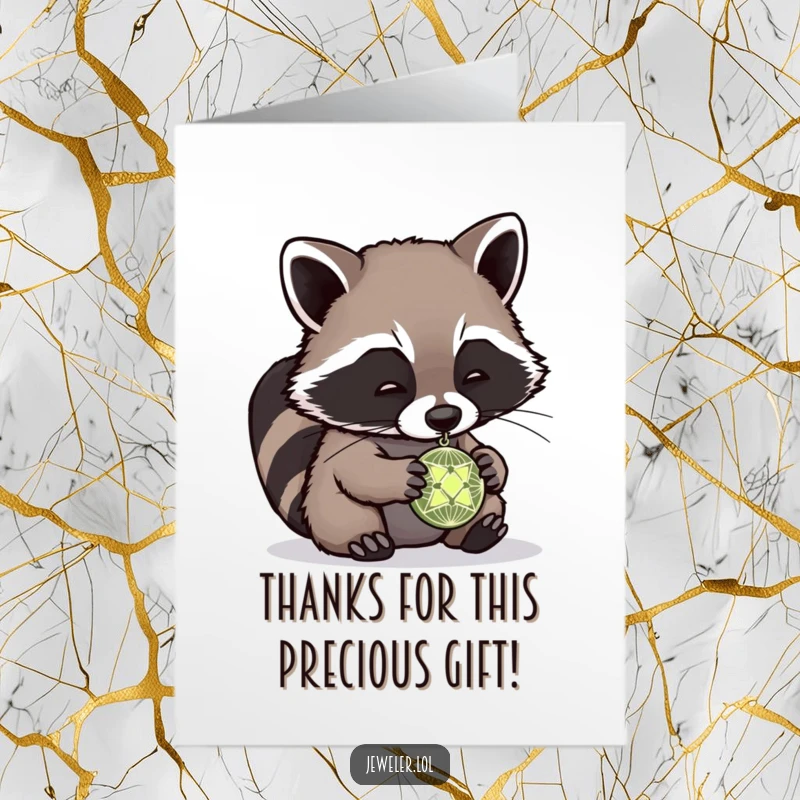 Funny free printable thank you card showing a playful raccoon admiring a tiny pendant, expressing heartfelt gratitude.