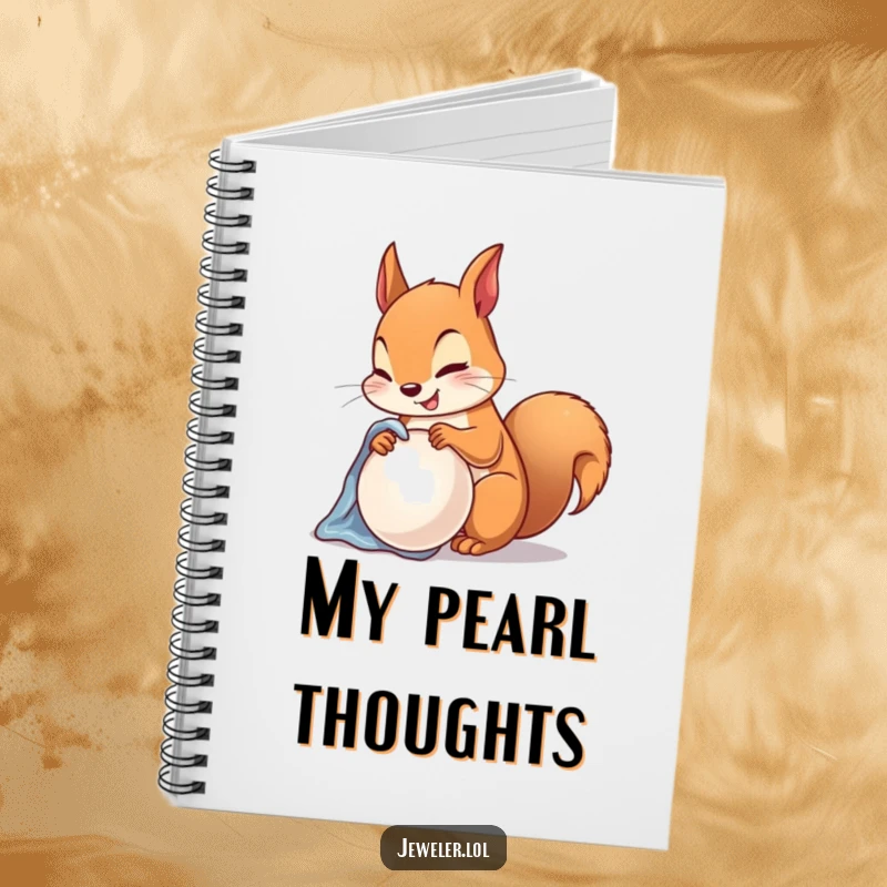 Funny Notebook with a happy squirrel polishing a lustrous pearl with a soft cloth, inspiring elegant and humorous writing.