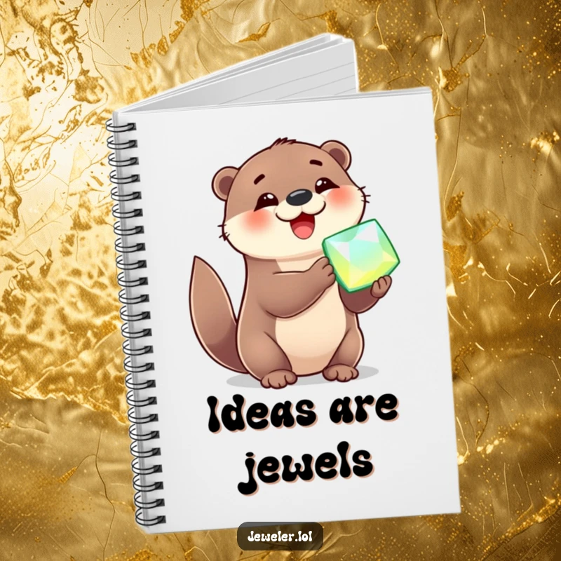 Funny Notebook with a cheerful otter showing delight over a sparkling gemstone, perfect for jotting down ideas humorously.
