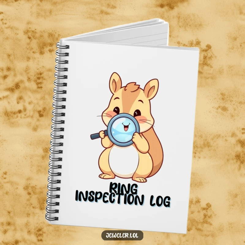 Funny squirrel notebook with a happy squirrel inspecting a shiny ring through a magnifying glass, inspiring curiosity and meticulous note-taking.