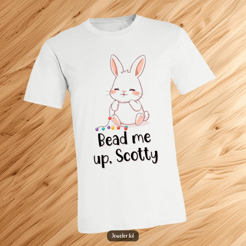 Funny T-Shirt showcasing a playful rabbit meticulously stringing tiny beads onto a thread, a perfect gift for crafters.