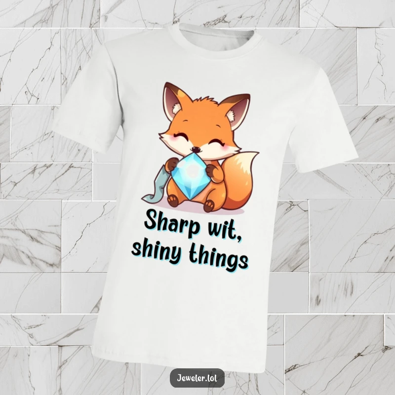 Funny cheerful fox polishing a sparkling gem with a soft cloth, printed on a t-shirt, showcasing its keen attention to detail.