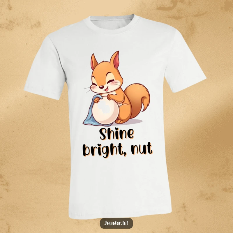 Funny T-Shirt featuring a happy squirrel diligently polishing a lustrous pearl with a soft cloth, a humorous gift idea.