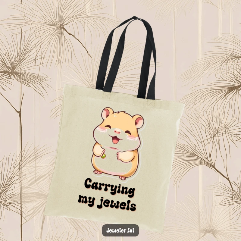 Funny hamster tote bag with a contented hamster holding a small, gleaming bracelet, symbolizing a love for delicate jewelry and cute companions.