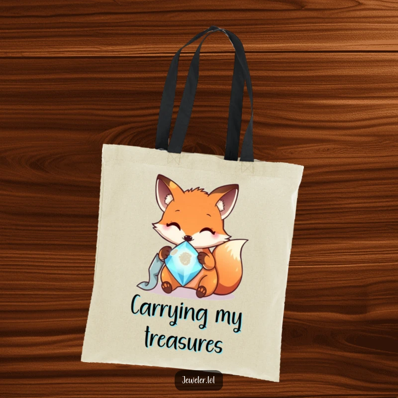 Funny cheerful fox polishing a sparkling gem, shown on a tote bag, ready for adventures and a good laugh.