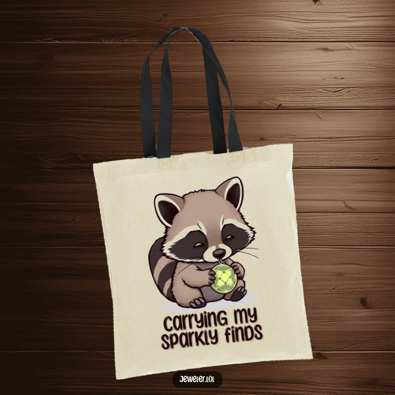 Funny raccoon tote bag with a playful raccoon carefully examining a tiny, intricate pendant, symbolizing a love for unique finds and detailed exploration.